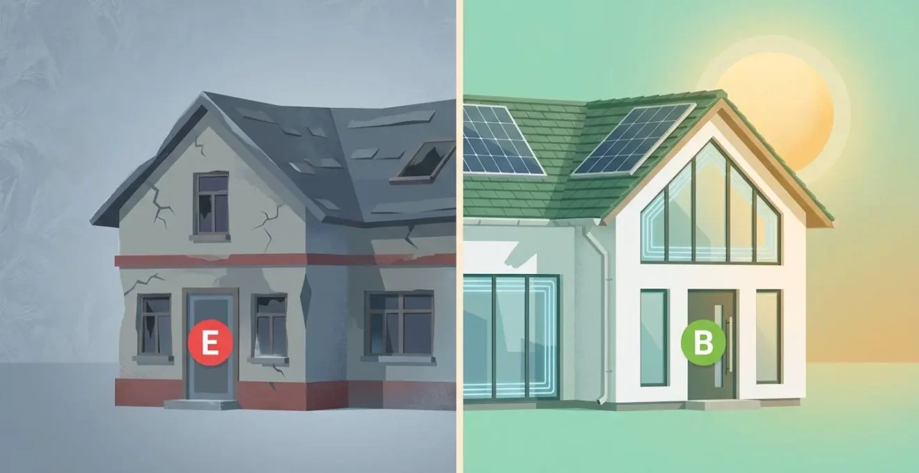 Comparaison avant-après d'une maison : à gauche, DPE E en état vieilli, à droite, DPE B après rénovation énergétique avec panneaux solaires.