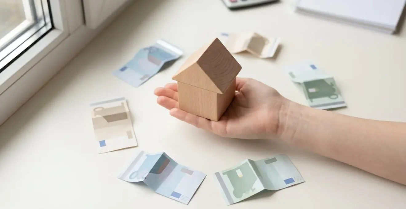 Main tenant une maison miniature en bois entourée de billets stylisés, symbolisant le financement d'une rénovation énergétique via l'éco-PTZ.