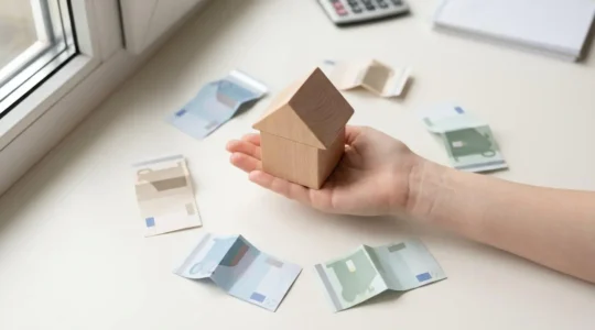 Main tenant une maison miniature en bois entourée de billets stylisés, symbolisant le financement d'une rénovation énergétique via l'éco-PTZ.